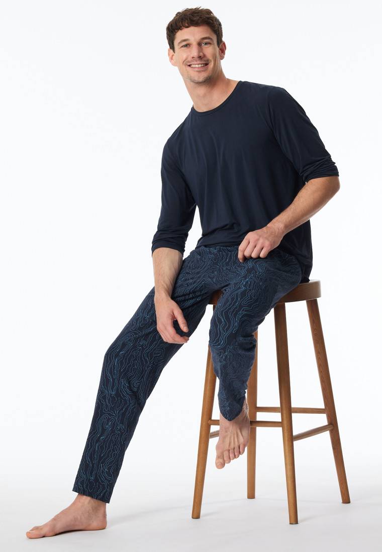 Schiesser Schlafanzug lang Modal Blätter nachtblau gemustert - Long Life Soft