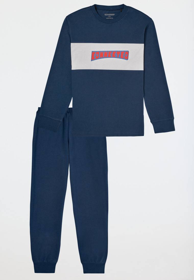 Schiesser Schlafanzug Lang Motivdruck Blau - Nightwear