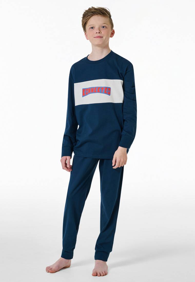 Schiesser Schlafanzug Lang Motivdruck Blau - Nightwear