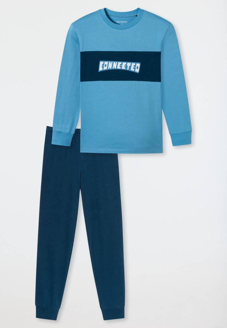 Schiesser Schlafanzug Lang Motivdruck Hellblau - Nightwear