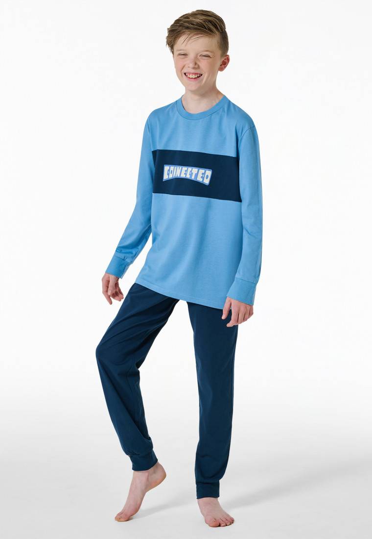 Schiesser Schlafanzug Lang Motivdruck Hellblau - Nightwear