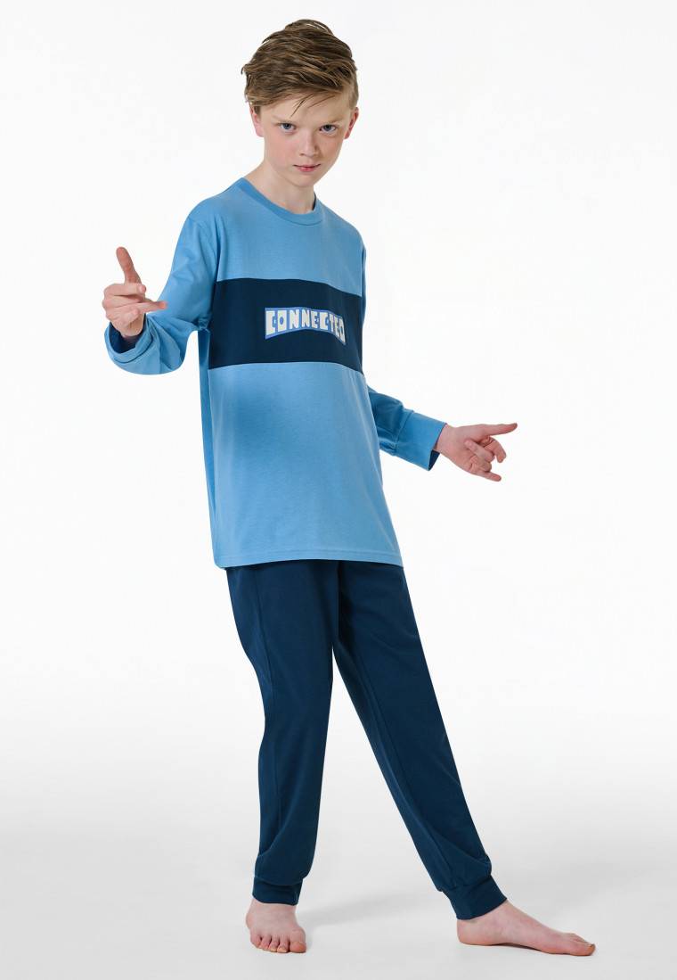 Schiesser Schlafanzug lang Motivdruck hellblau - Nightwear