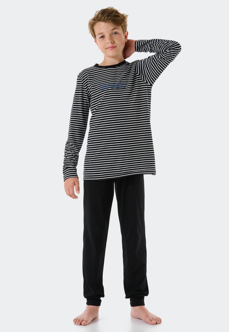 Schiesser Schlafanzug Lang Organic Cotton Break Ringel Bündchen Schwarz - Nightwear