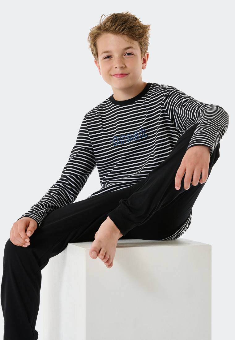 Schiesser Schlafanzug lang Organic Cotton Break Ringel Bündchen schwarz - Nightwear