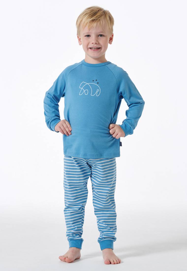 Schiesser Schlafanzug Lang Organic Cotton Bündchen Bär Ringel Hellblau - Natural Love