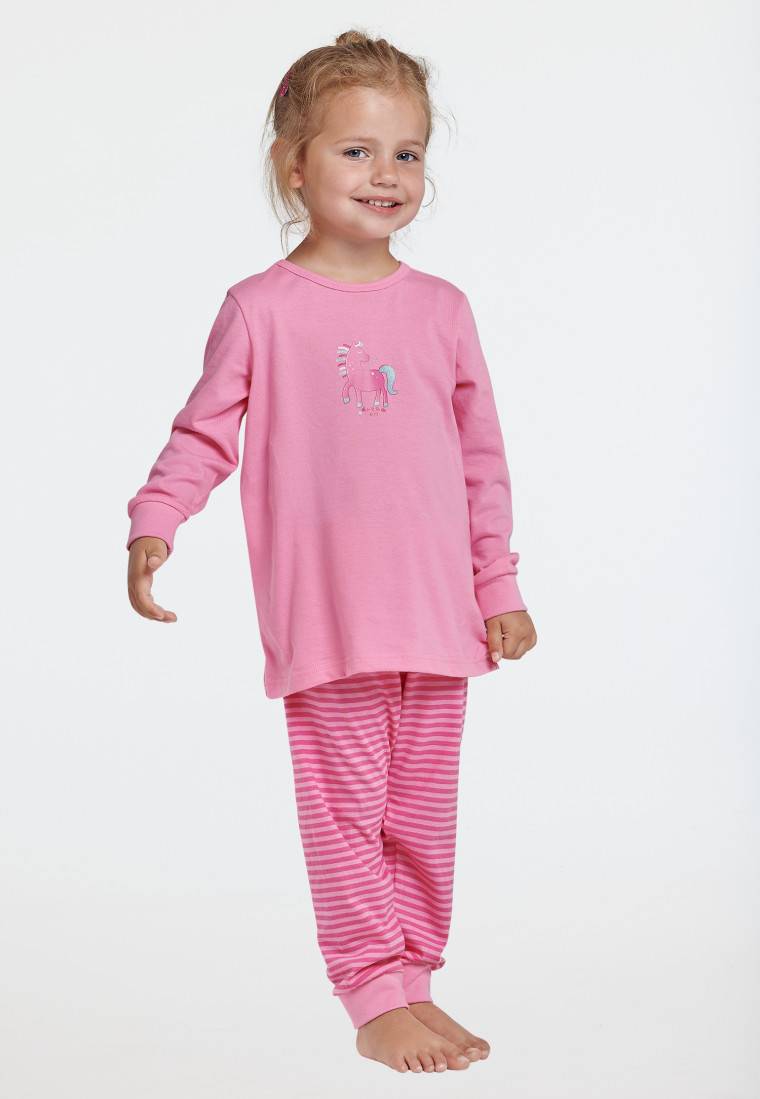 Schiesser Schlafanzug Lang Organic Cotton Bündchen Pferd Ringel Rosa - Nightwear