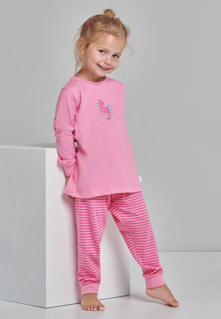 Schiesser Schlafanzug lang Organic Cotton Bündchen Pferd Ringel rosa - Nightwear