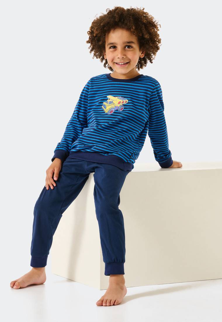 Schiesser Schlafanzug Lang Organic Cotton Bündchen Ringel Baufahrzeug Blau - Original Classics