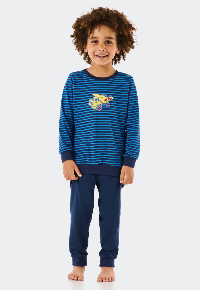 Schiesser Schlafanzug lang Organic Cotton Bündchen Ringel Baufahrzeug blau - Original Classics