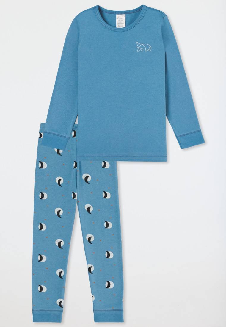 Schiesser Schlafanzug Lang Organic Cotton Bündchen Sterne Monde Hellblau - Natural Love
