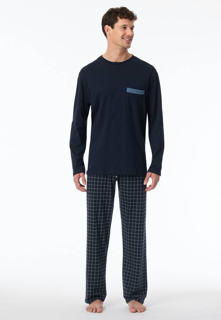 Schiesser Schlafanzug Lang Organic Cotton Karos Nachtblau - Comfort Nightwear