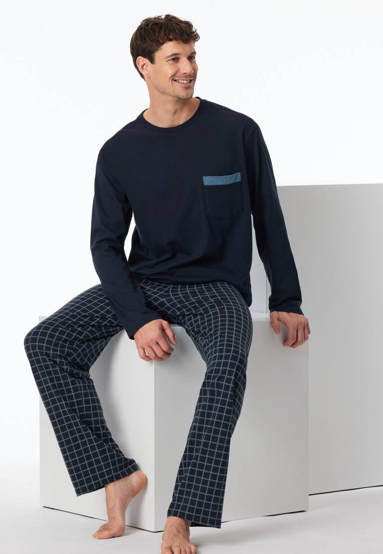 Schiesser Schlafanzug lang Organic Cotton Karos nachtblau - Comfort Nightwear