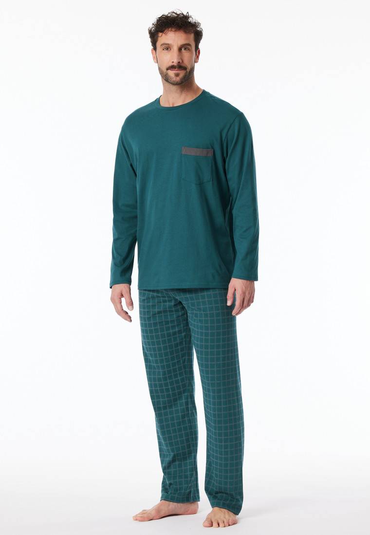 Schiesser Schlafanzug Lang Organic Cotton Karos Petrol - Comfort Nightwear