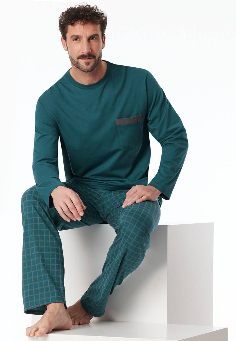 Schiesser Schlafanzug lang Organic Cotton Karos petrol - Comfort Nightwear