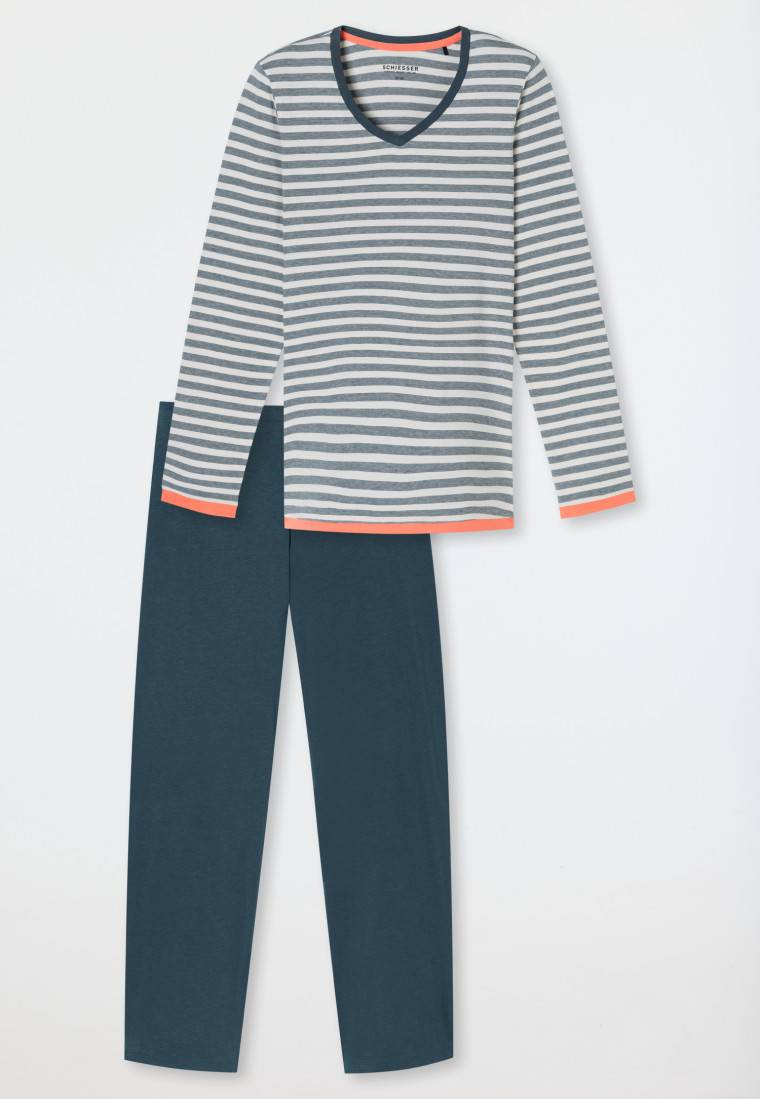 Schiesser Schlafanzug Lang Ringel Jeansblau - Casual Essentials