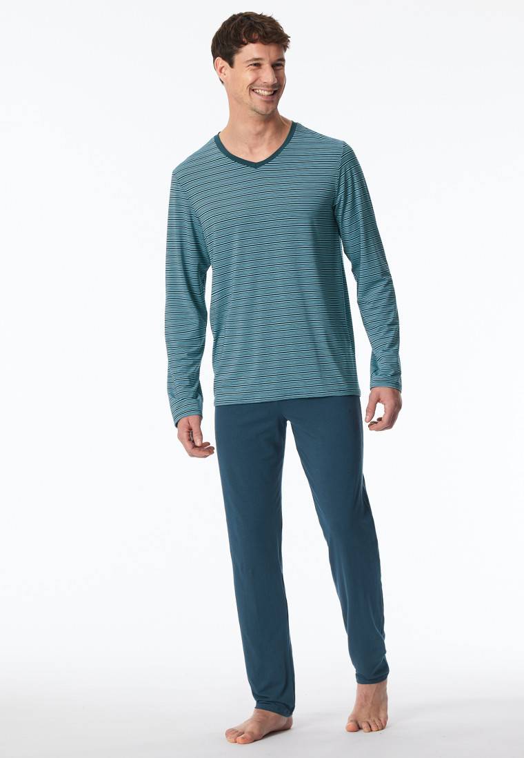 Schiesser Schlafanzug Lang Streifen Jeansblau - Long Life Soft