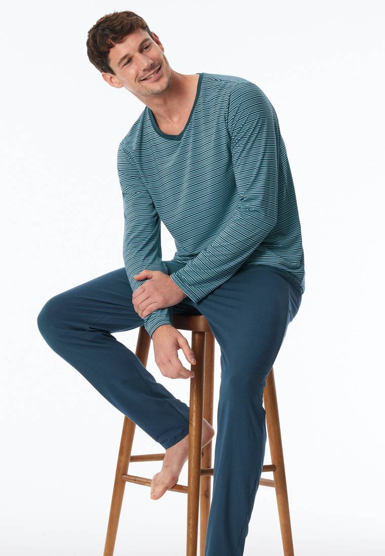 Schiesser Schlafanzug lang Streifen jeansblau - Long Life Soft