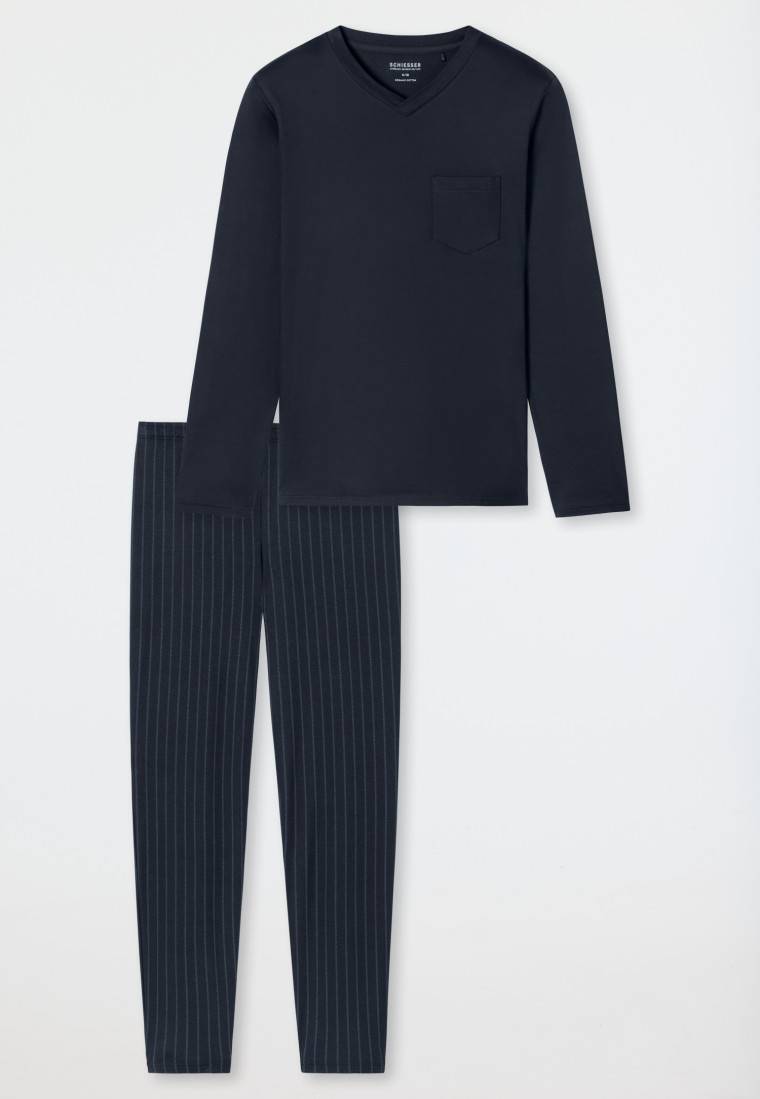 Schiesser Schlafanzug Lang Streifen Nachtblau - Fine Interlock