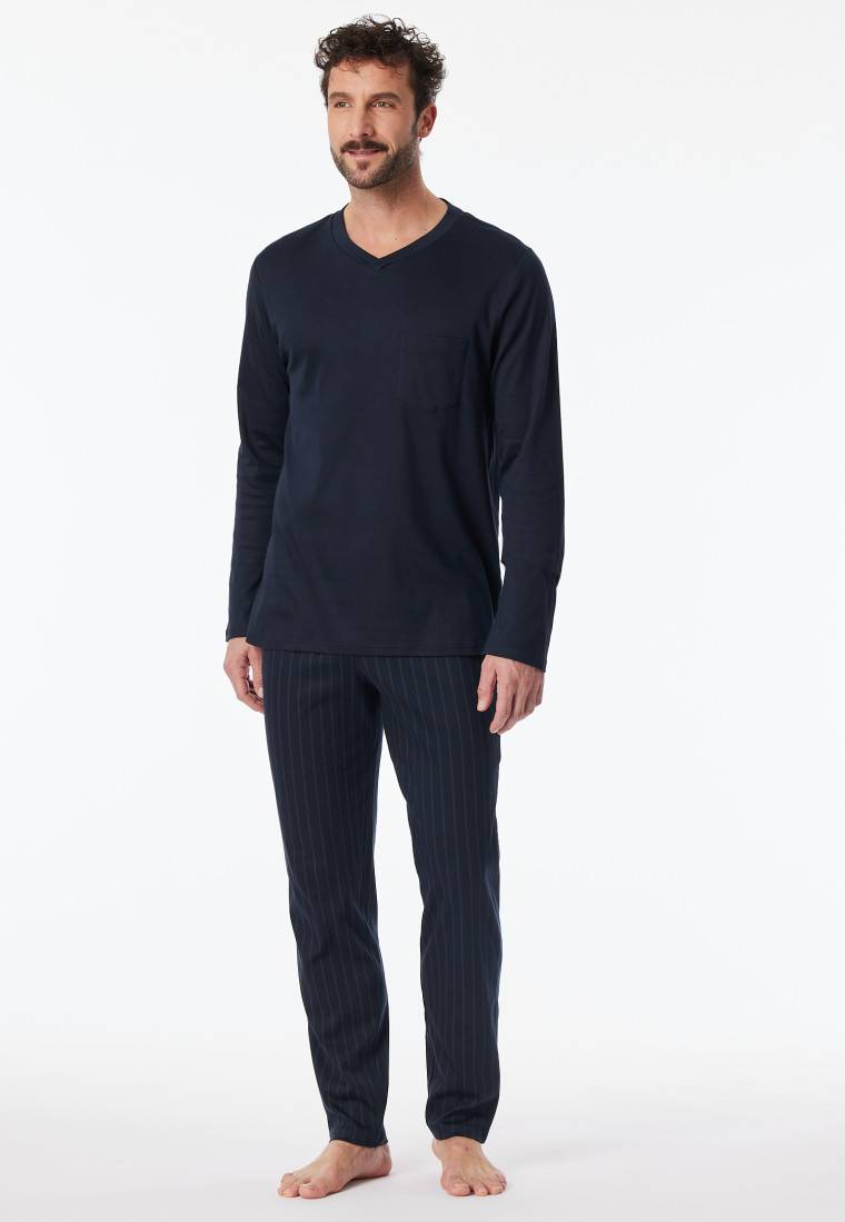 Schiesser Schlafanzug Lang Streifen Nachtblau - Fine Interlock