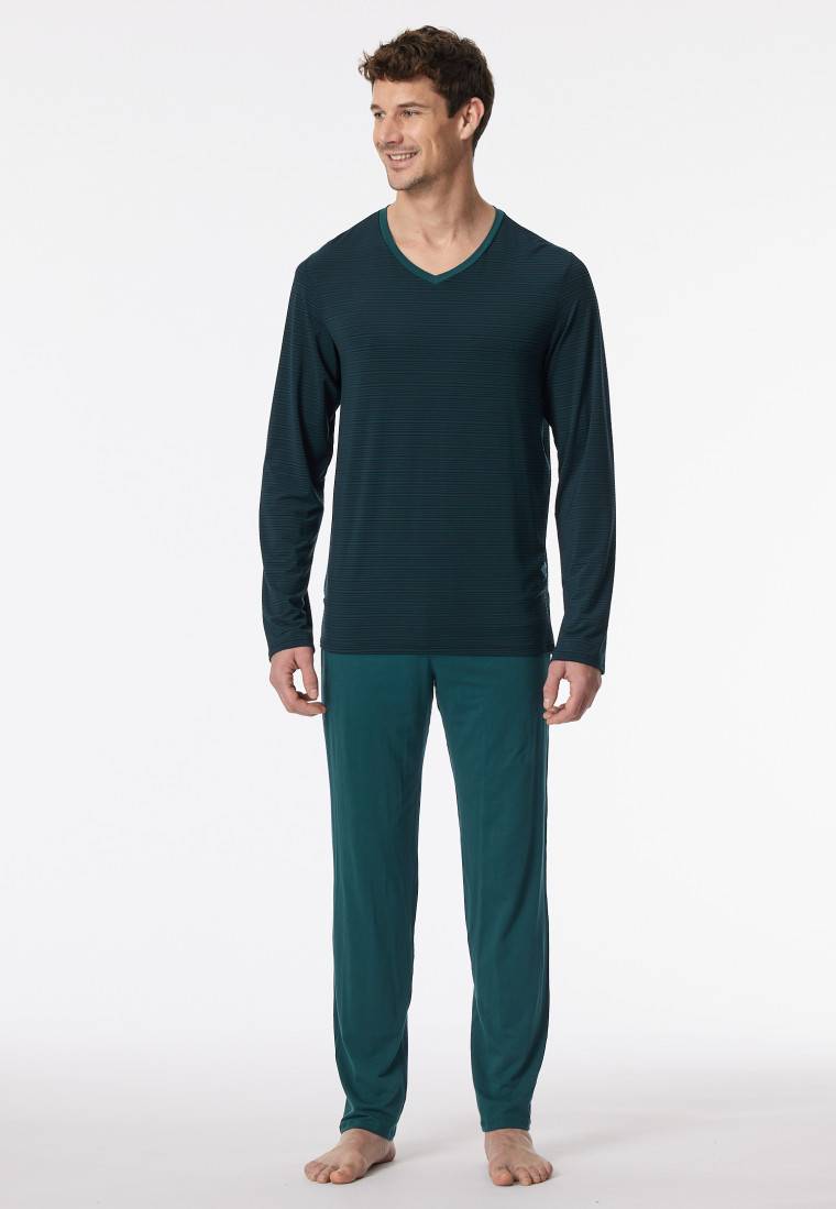 Schiesser Schlafanzug Lang Streifen Petrol - Long Life Soft