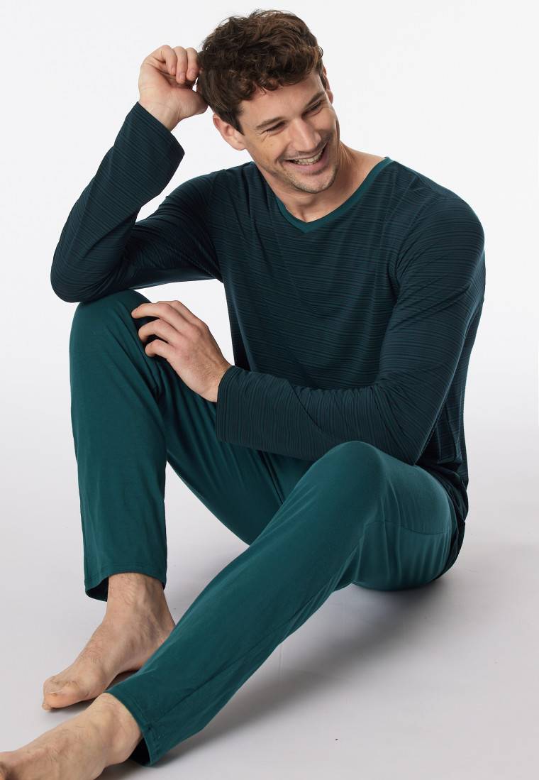 Schiesser Schlafanzug lang Streifen petrol - Long Life Soft
