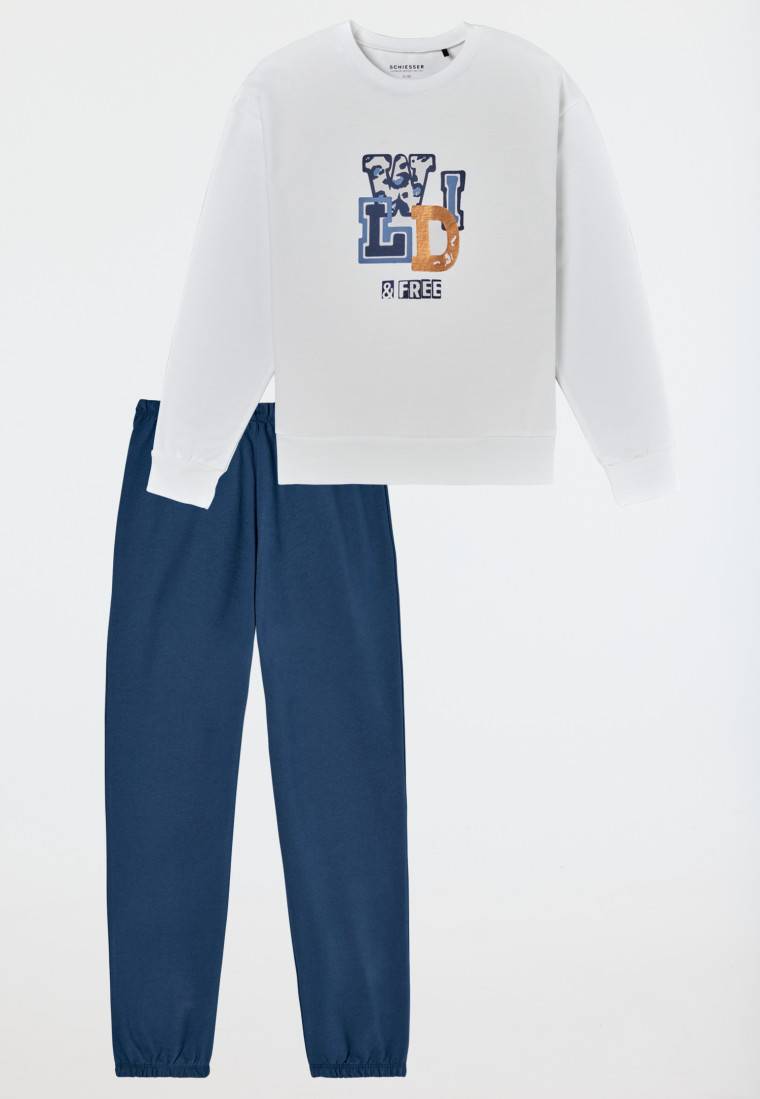 Schiesser Schlafanzug Lang Sweatware Bündchen Off-white - Nightwear