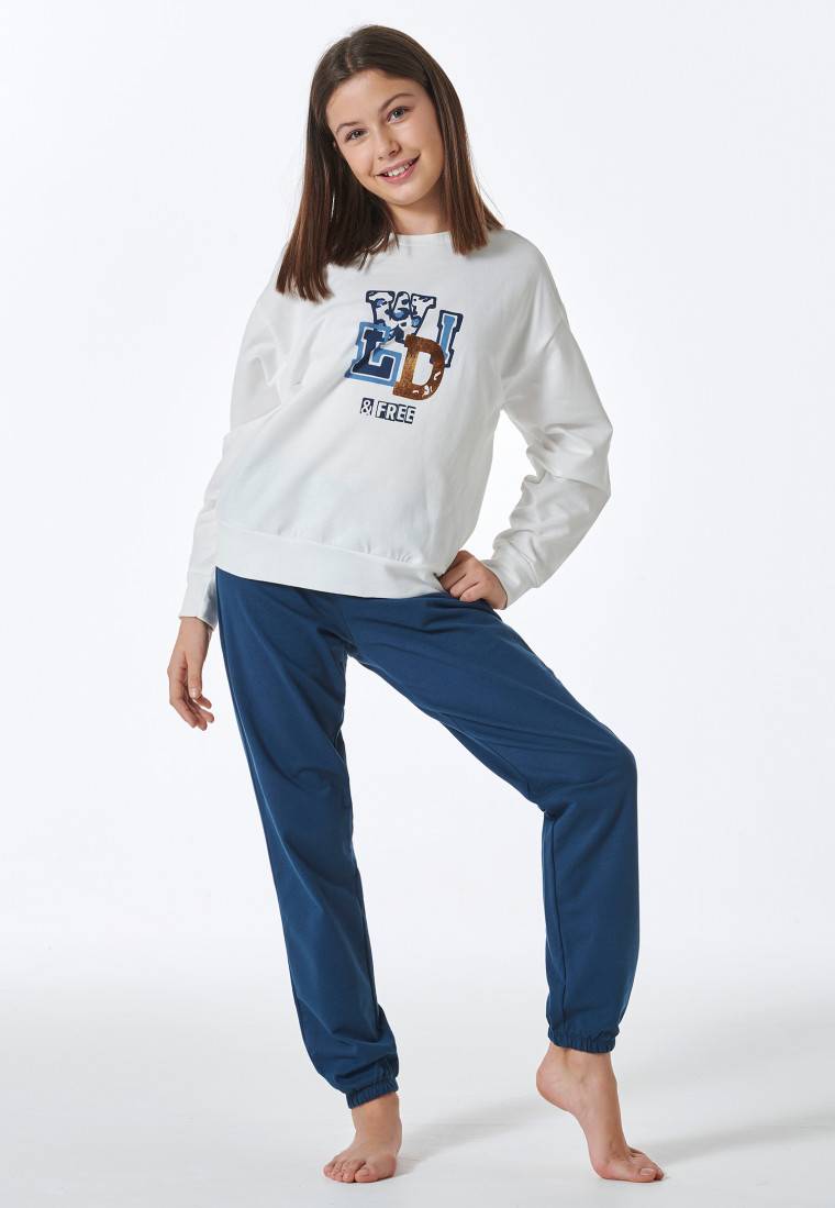 Schiesser Schlafanzug Lang Sweatware Bündchen Off-white - Nightwear