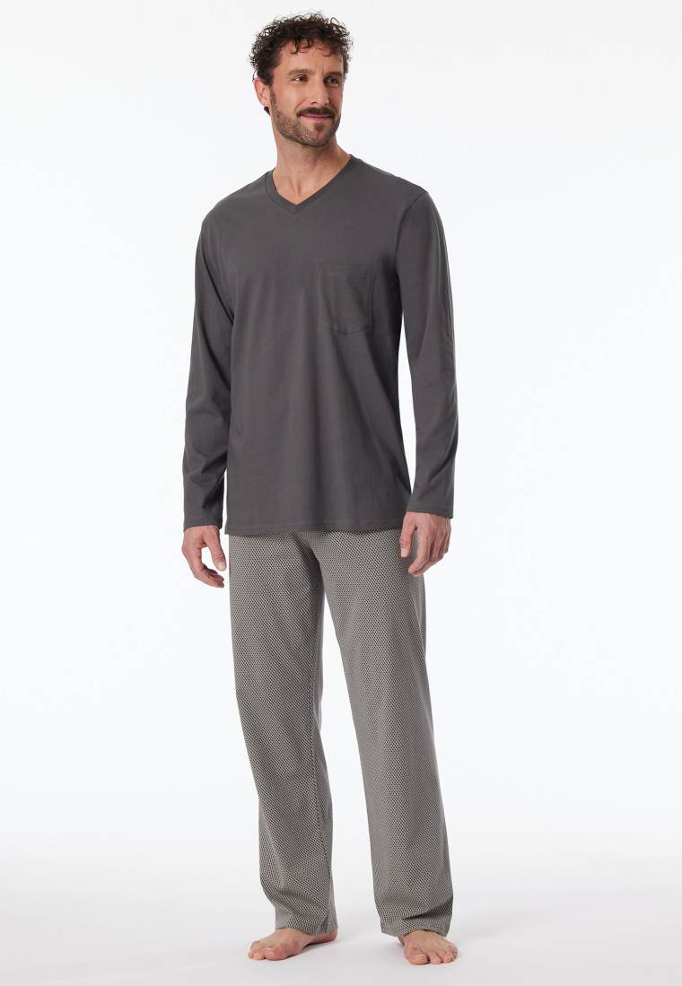 Schiesser Schlafanzug Lang V-Ausschnitt Brusttasche Anthrazit Gemustert - Comfort Essentials