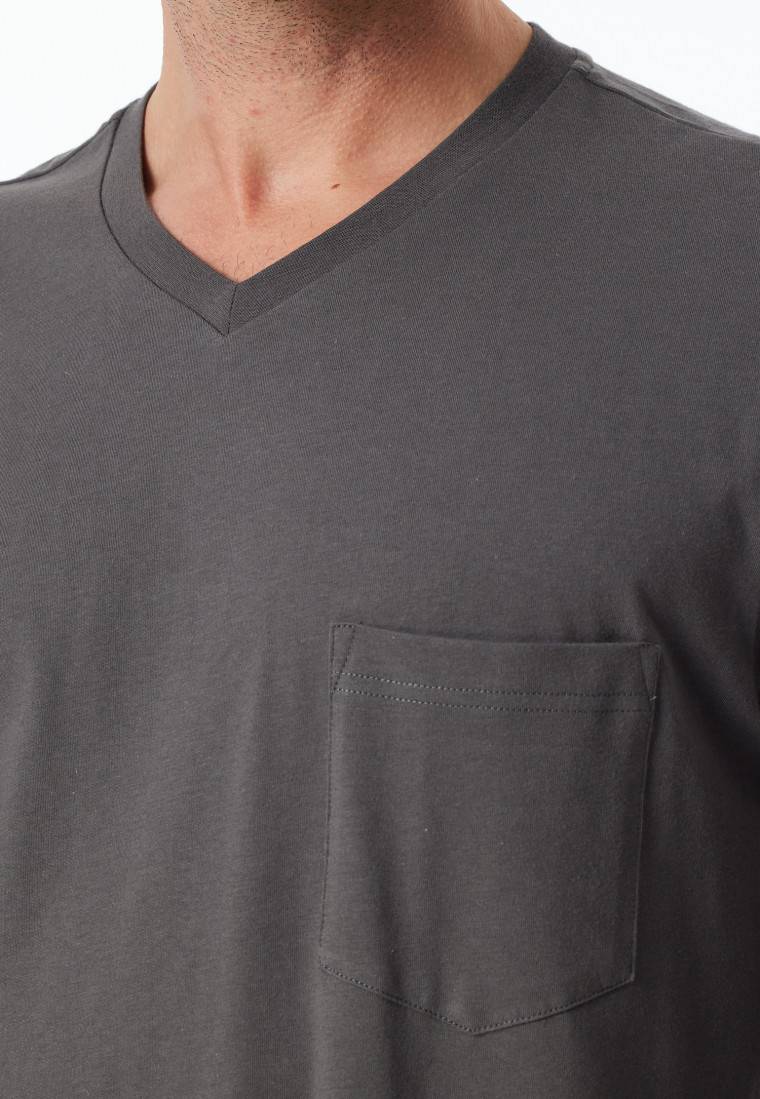 Schiesser Schlafanzug Lang V-Ausschnitt Brusttasche Anthrazit Gemustert - Comfort Essentials