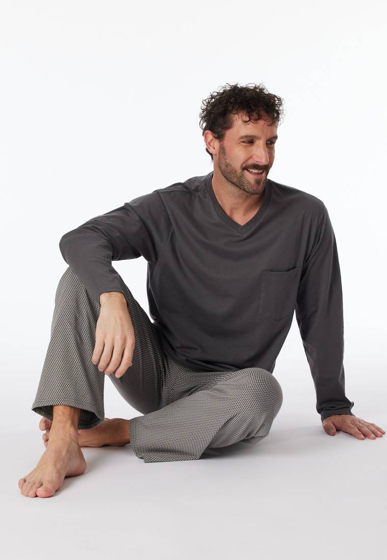 Schiesser Schlafanzug lang V-Ausschnitt Brusttasche anthrazit gemustert - Comfort Essentials