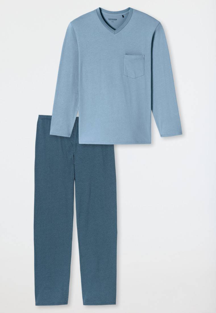 Schiesser Schlafanzug Lang V-Ausschnitt Brusttasche Blaugrau Gemustert - Comfort Essentials