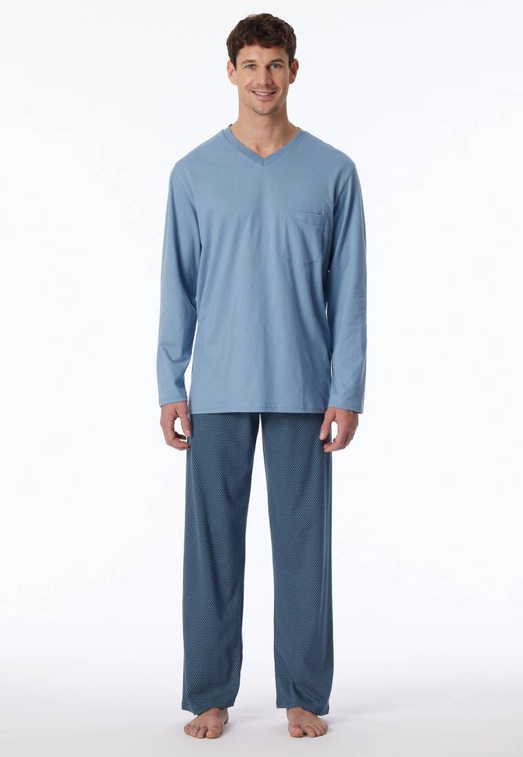 Schiesser Schlafanzug Lang V-Ausschnitt Brusttasche Blaugrau Gemustert - Comfort Essentials