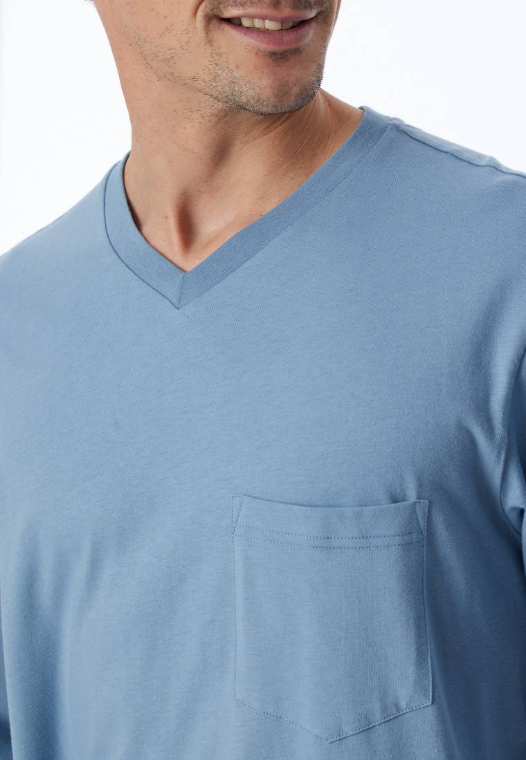 Schiesser Schlafanzug Lang V-Ausschnitt Brusttasche Blaugrau Gemustert - Comfort Essentials