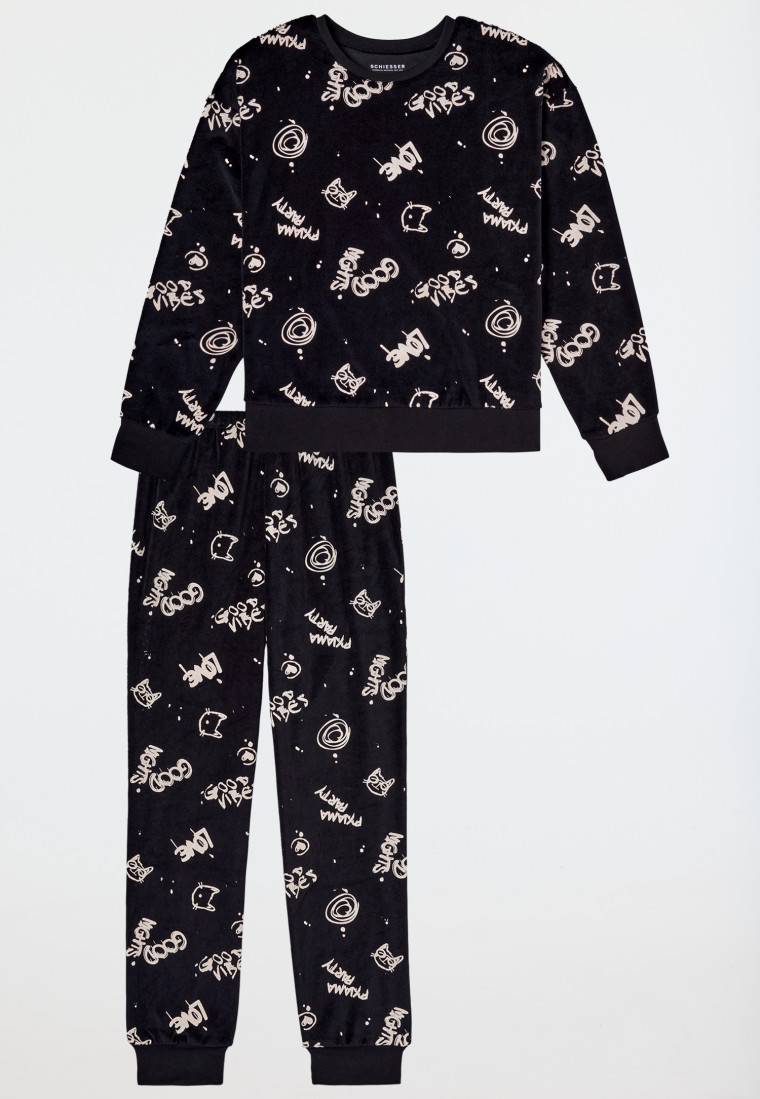 Schiesser Schlafanzug Lang Velour Graffiti Schwarz - Nightwear
