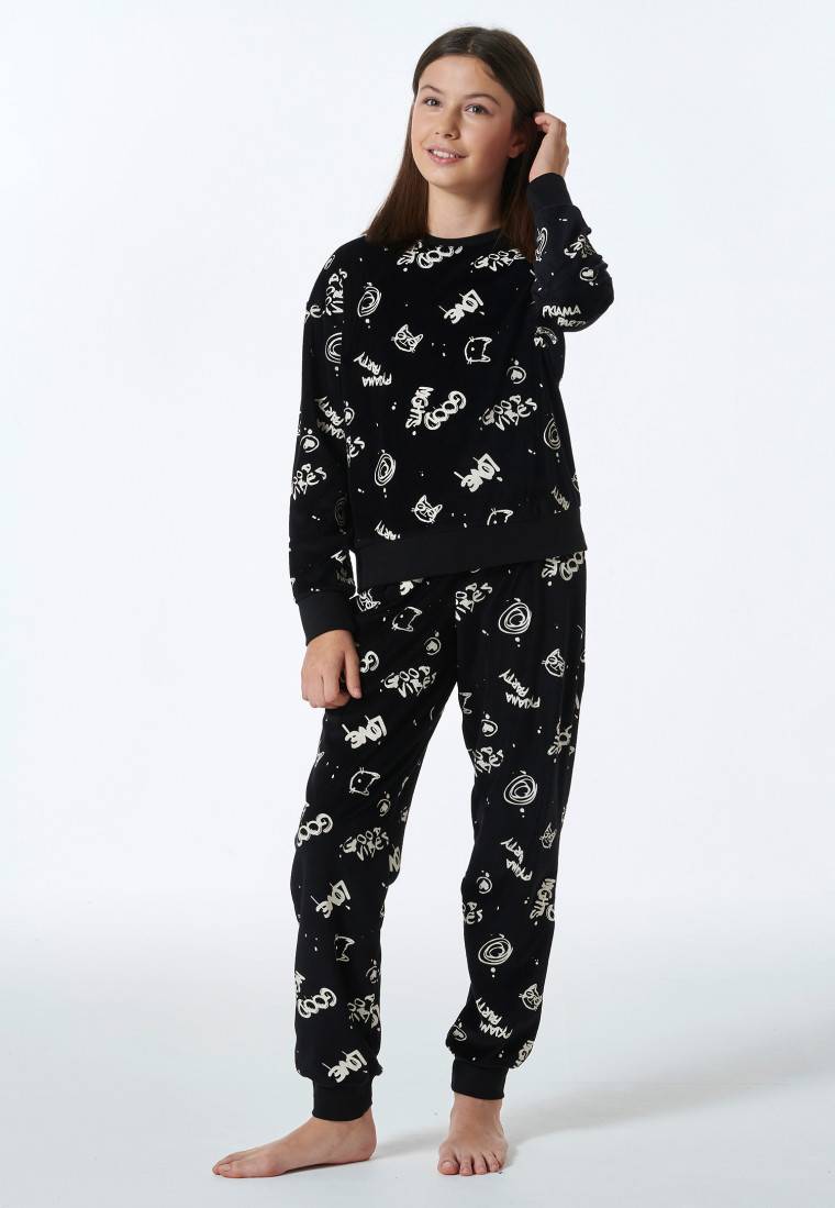 Schiesser Schlafanzug Lang Velour Graffiti Schwarz - Nightwear
