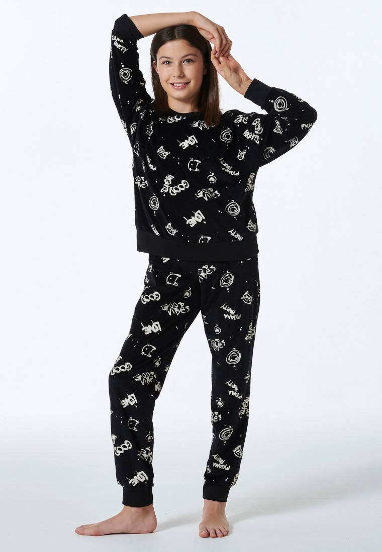Schiesser Schlafanzug lang Velour Graffiti schwarz - Nightwear