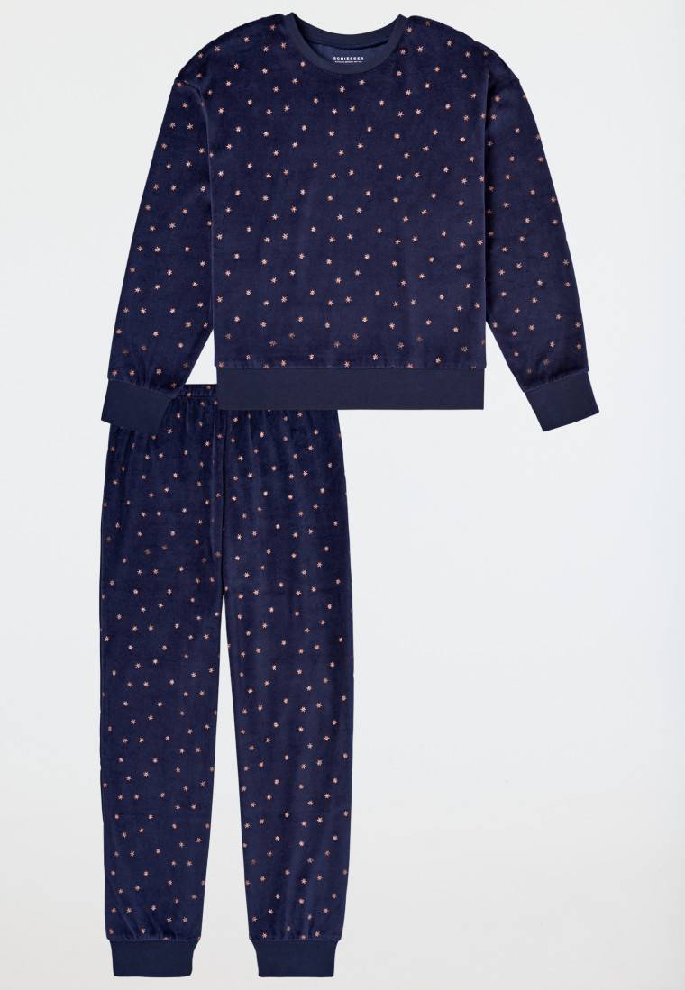 Schiesser Schlafanzug Lang Velour Sterne Nachtblau - Nightwear
