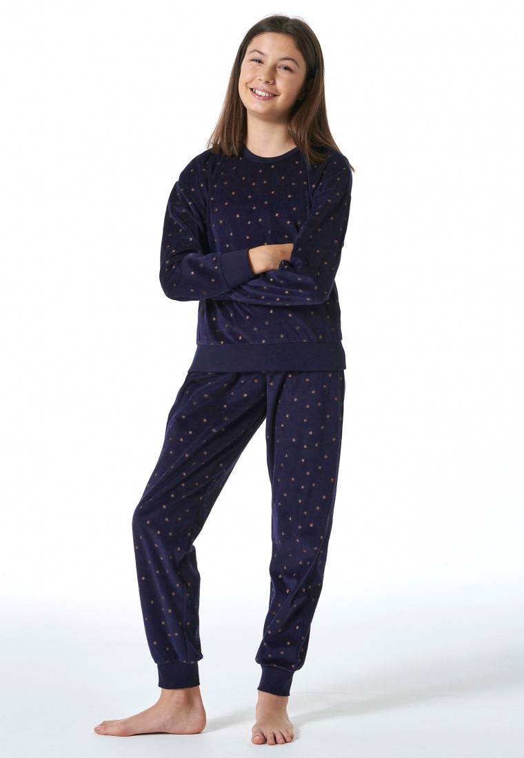 Schiesser Schlafanzug Lang Velour Sterne Nachtblau - Nightwear