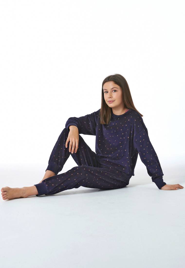 Schiesser Schlafanzug lang Velour Sterne nachtblau - Nightwear