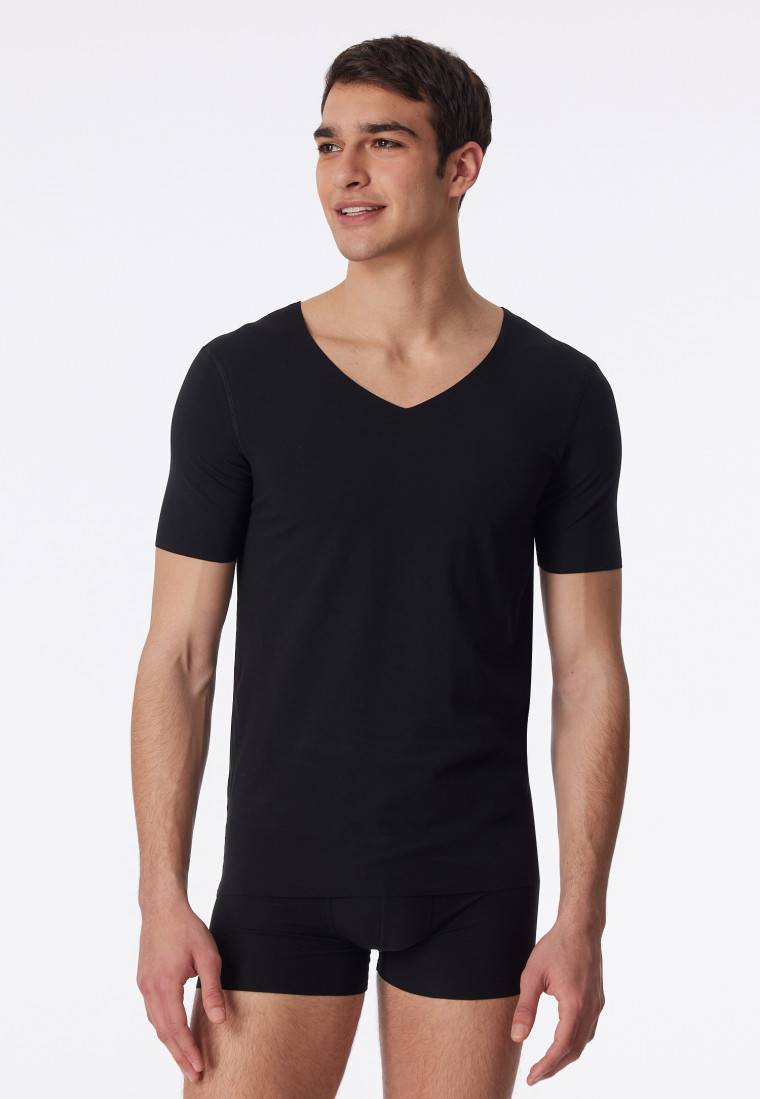 Schiesser Shirt Interlock Seamless Kurzarm V-Ausschnitt Schwarz - Laser Cut
