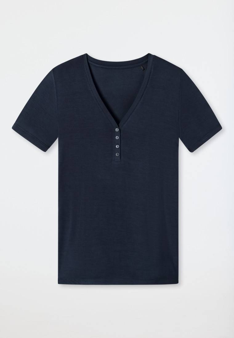 Schiesser Shirt Kurzarm Henley Knopfleiste Blau - Mix+Relax