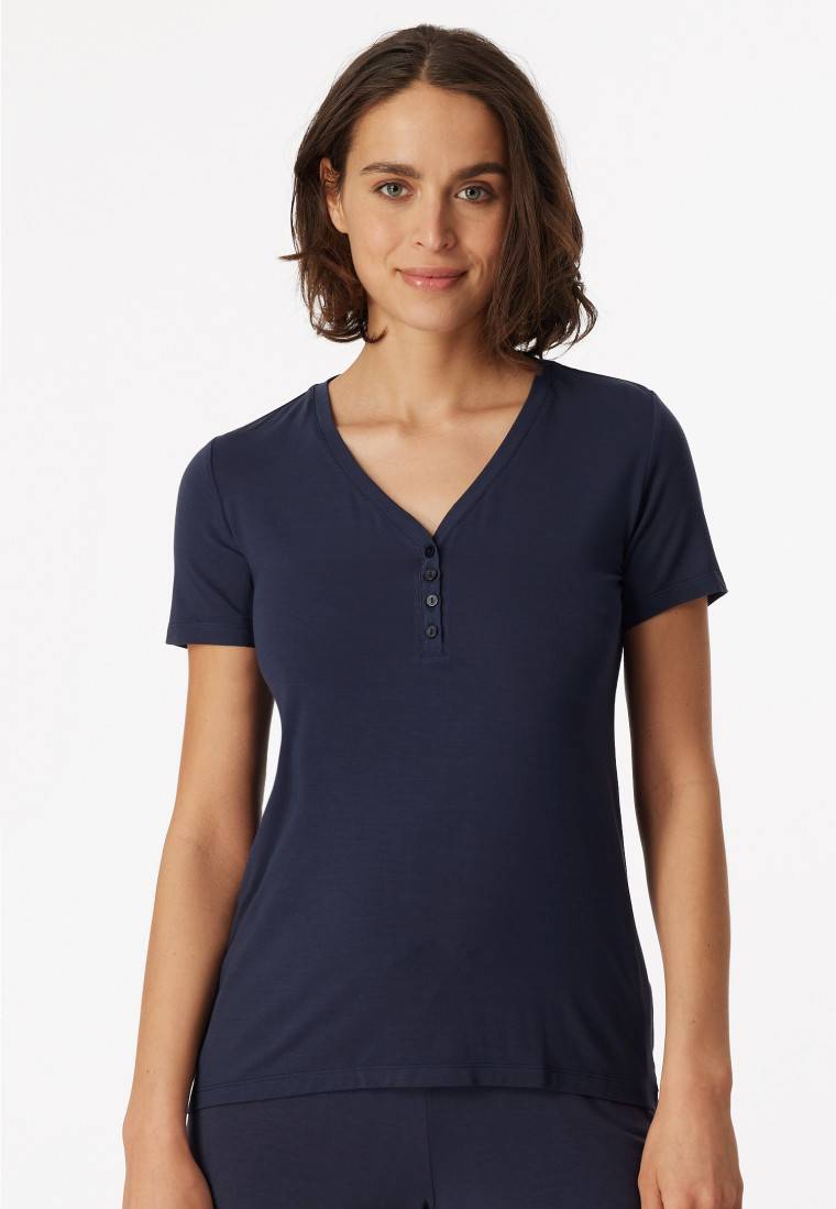 Schiesser Shirt Kurzarm Henley Knopfleiste Blau - Mix+Relax