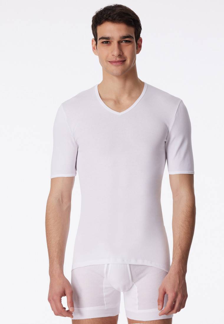 Schiesser Shirt Kurzarm V-Ausschnitt Feinripp Weiß - Original Classics