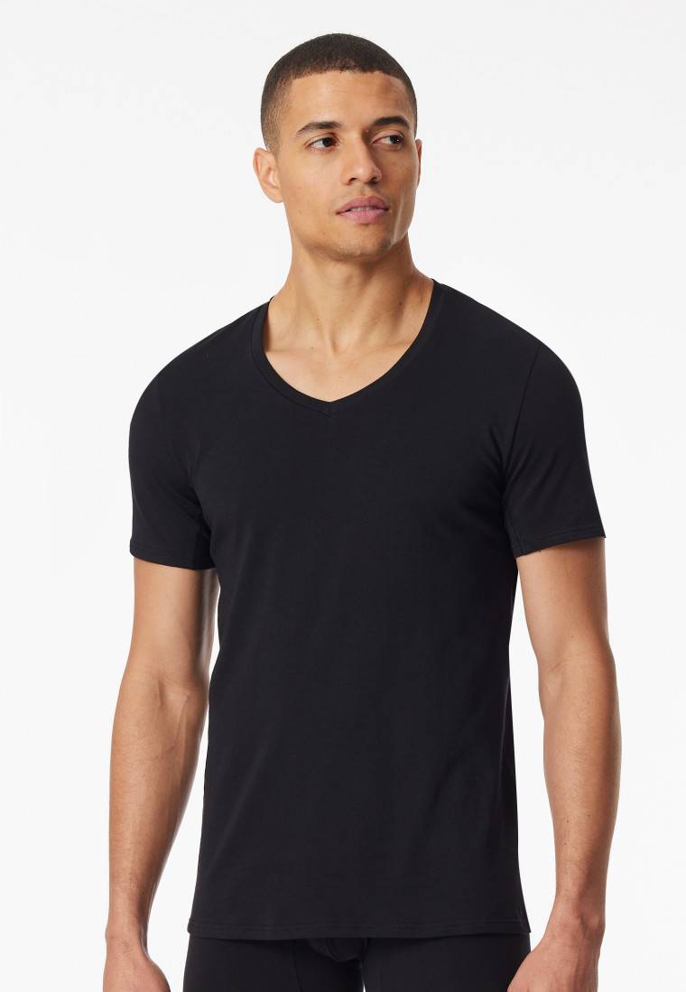 Schiesser Shirt Kurzarm V-Ausschnitt Schwarz - Premium Cotton