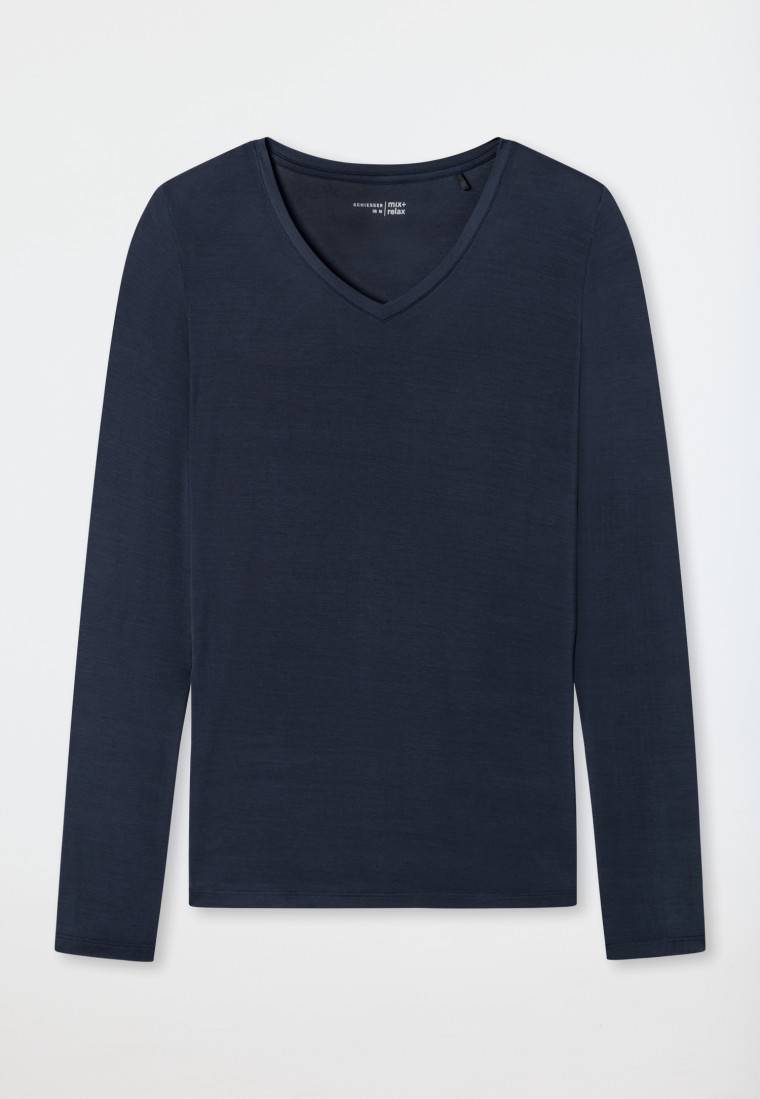 Schiesser Shirt Langarm Modal V-Ausschnitt Blau - Mix+Relax