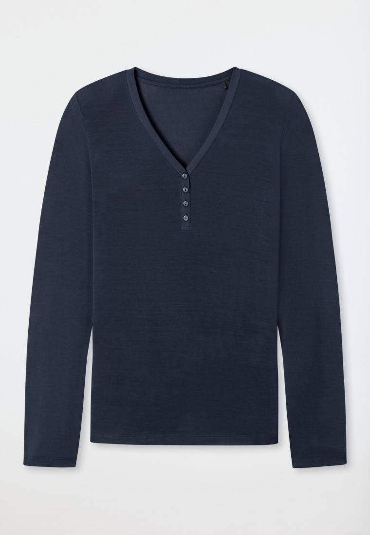 Schiesser Shirt Langarm Modal V-Ausschnitt Knopfleiste Blau - Mix+Relax