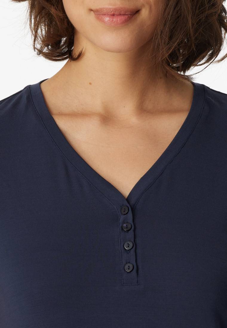 Schiesser Shirt Langarm Modal V-Ausschnitt Knopfleiste Blau - Mix+Relax