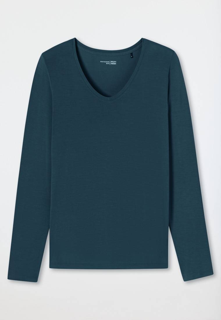 Schiesser Shirt Langarm V-Ausschnitt Jeansblau - Mix+Relax