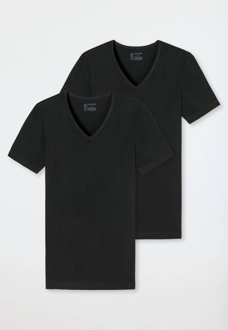 Schiesser Shirts Kurzarm 2er-Pack Organic Cotton Tiefer V-Ausschnitt Schwarz – 95/5