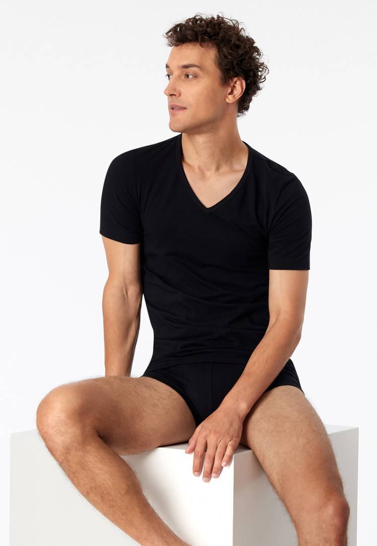 Schiesser Shirts kurzarm 2er-Pack Organic Cotton tiefer V-Ausschnitt schwarz – 95/5